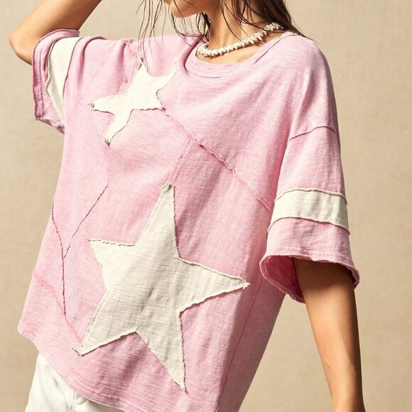 Pink Casual Women's Boho Knit Round Neck Short Sleeve Loose Fit Washed T-Shirt - Picture 4 of 7